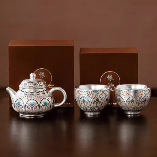 Tranquil Enamel-Gilded Silver Tea Set A– 999 Pure Silver