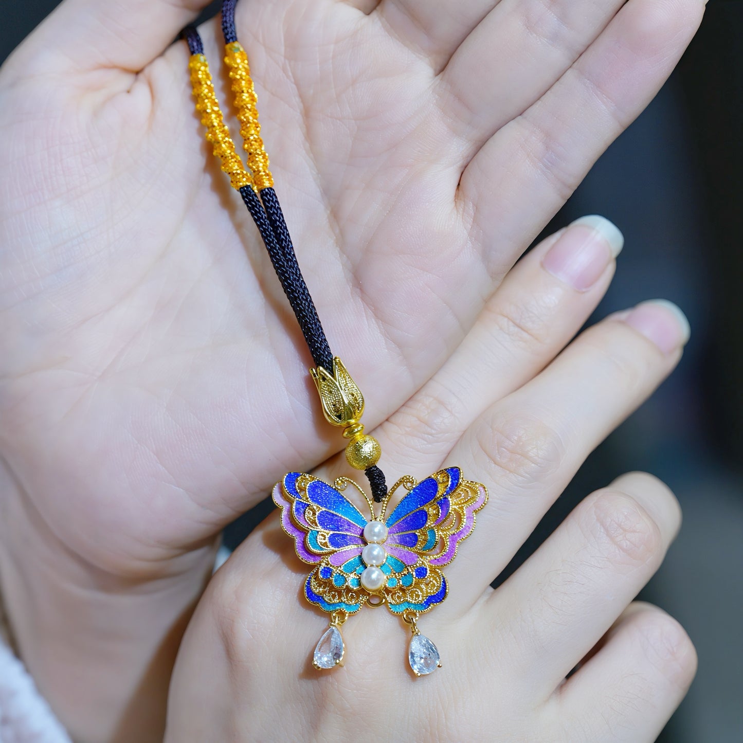 Wings of Noor – Cloisonné Butterfly 18K Gold Pendant