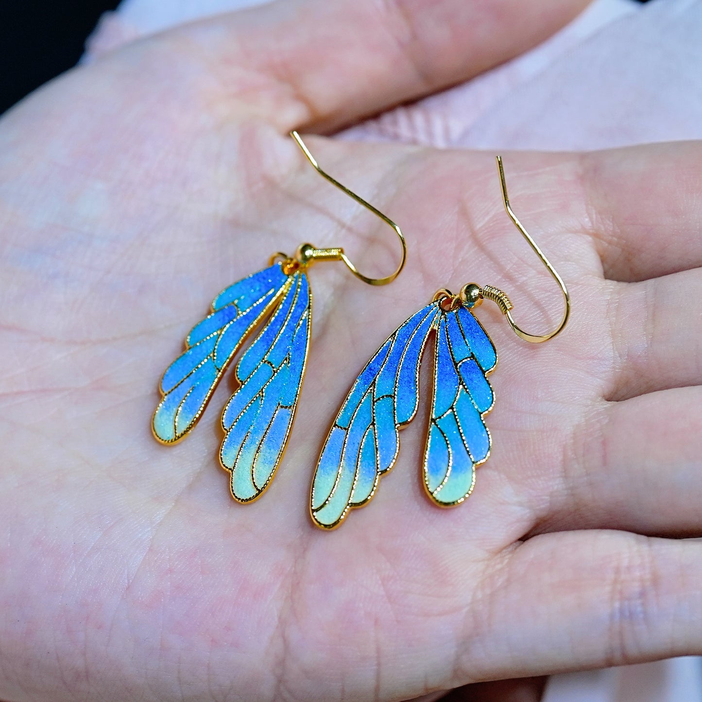 Whispers of the Ocean – Cloisonné Enamel Wing 18K Gold Plated Earrings