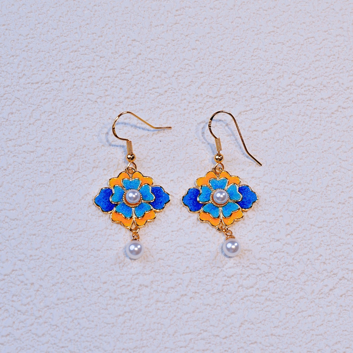 Radiant Bloom – Cloisonné Enamel Floral Earrings with Pearls in 18K Gold