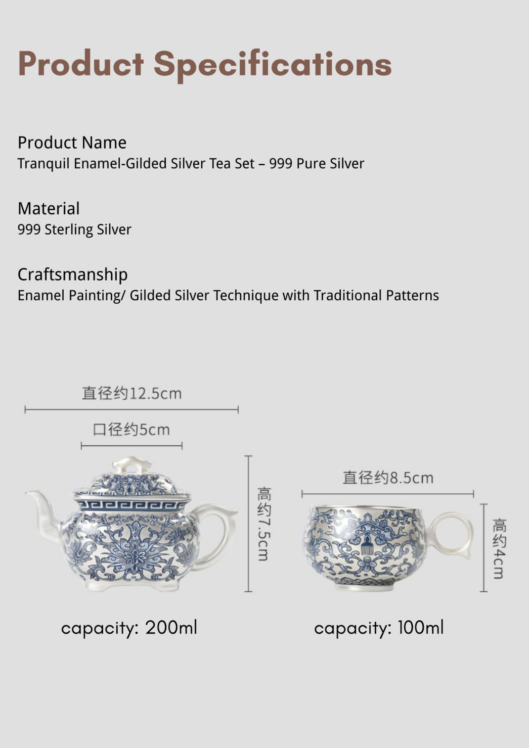 Tranquil Enamel-Gilded Silver Tea Set B-999 Pure Silver