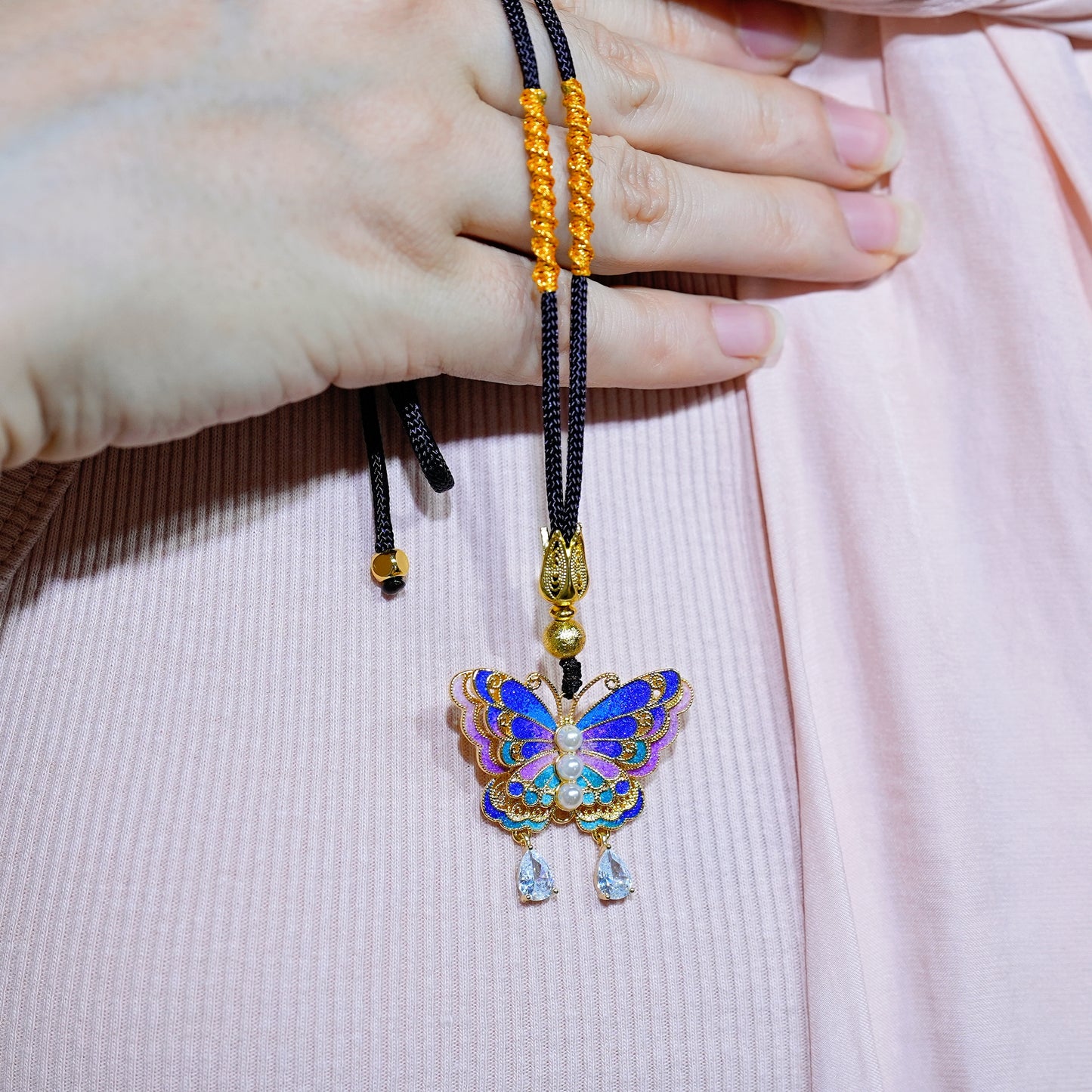 Wings of Noor – Cloisonné Butterfly 18K Gold Pendant