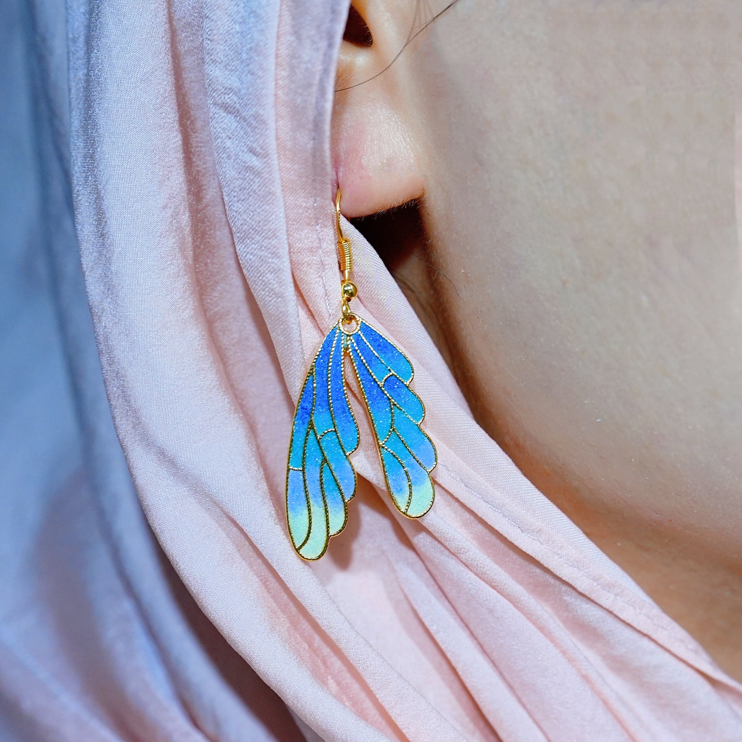 Whispers of the Ocean – Cloisonné Enamel Wing 18K Gold Plated Earrings