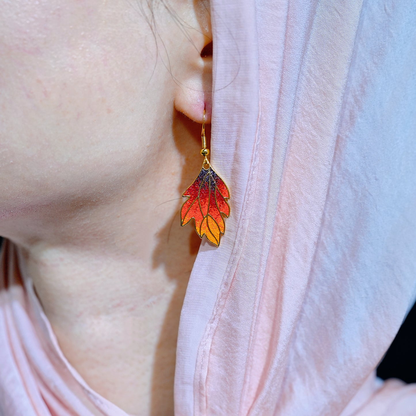 Embers of Autumn – Cloisonné Enamel Leaf Earrings in 18K Gold