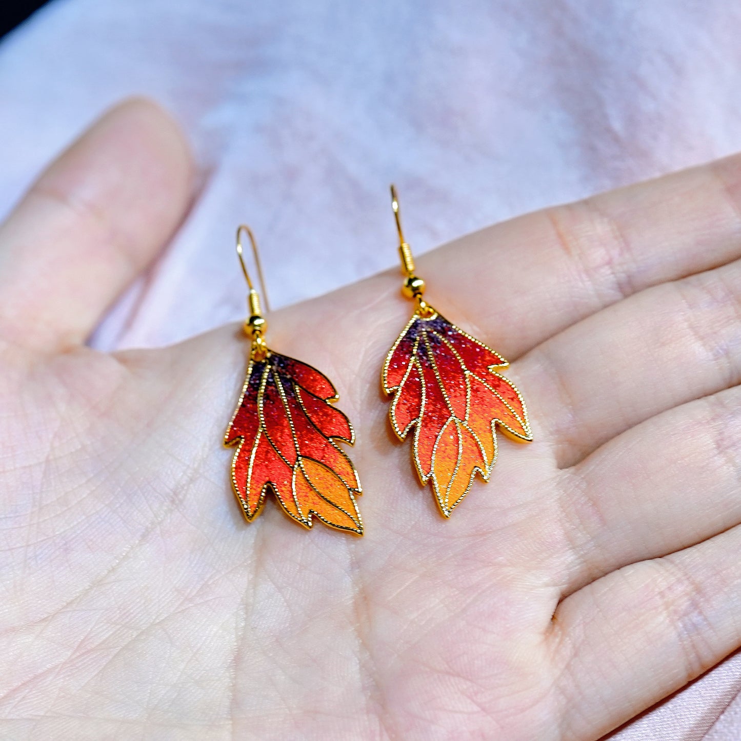 Embers of Autumn – Cloisonné Enamel Leaf Earrings in 18K Gold