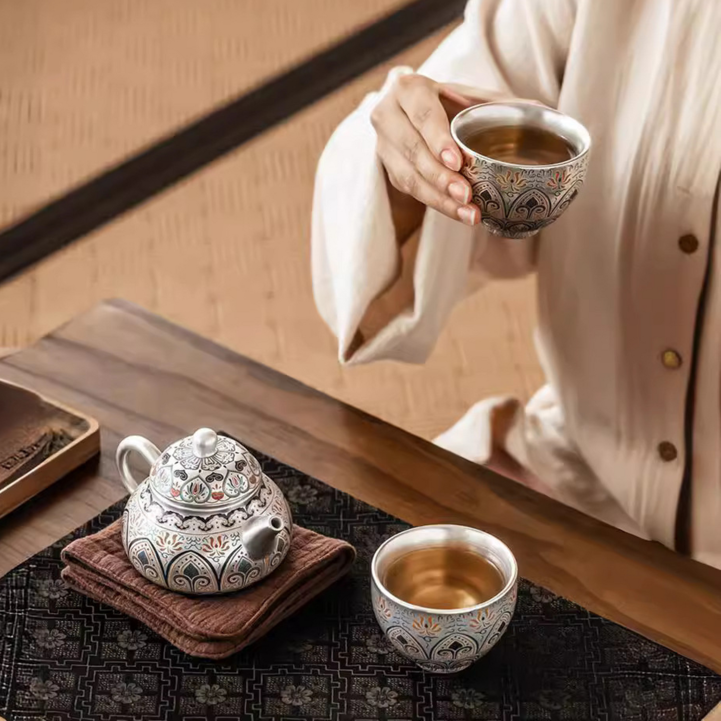 Tranquil Enamel-Gilded Silver Tea Set A– 999 Pure Silver